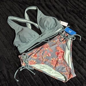 Floral Print Bikini Set - Green and Pink